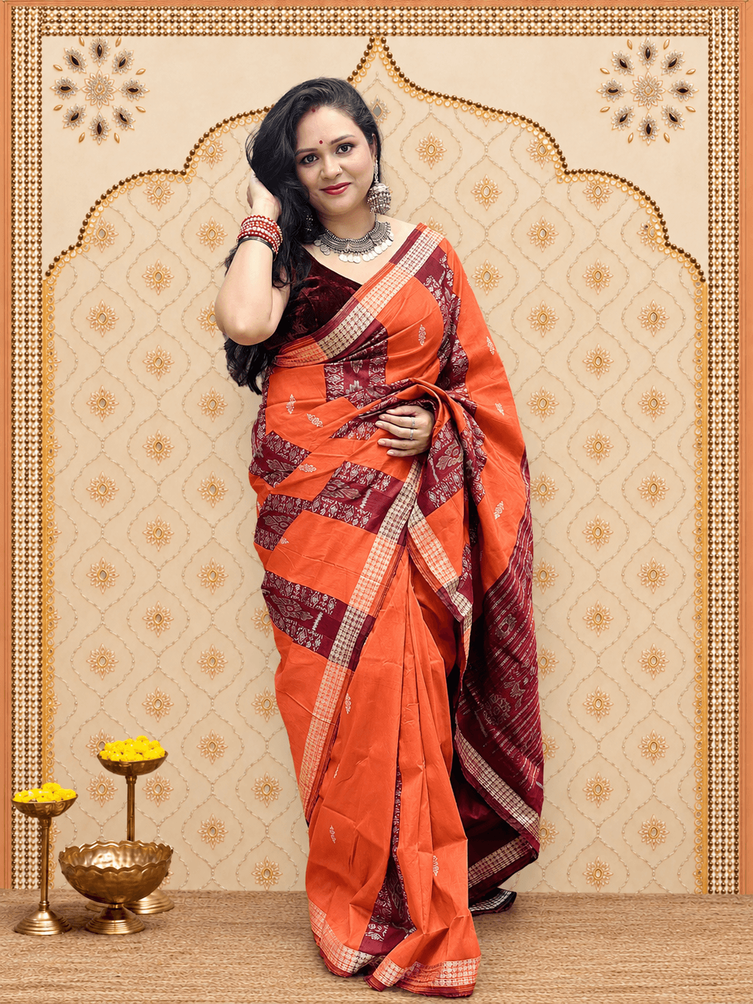 Orange maroon sambalpuri silk