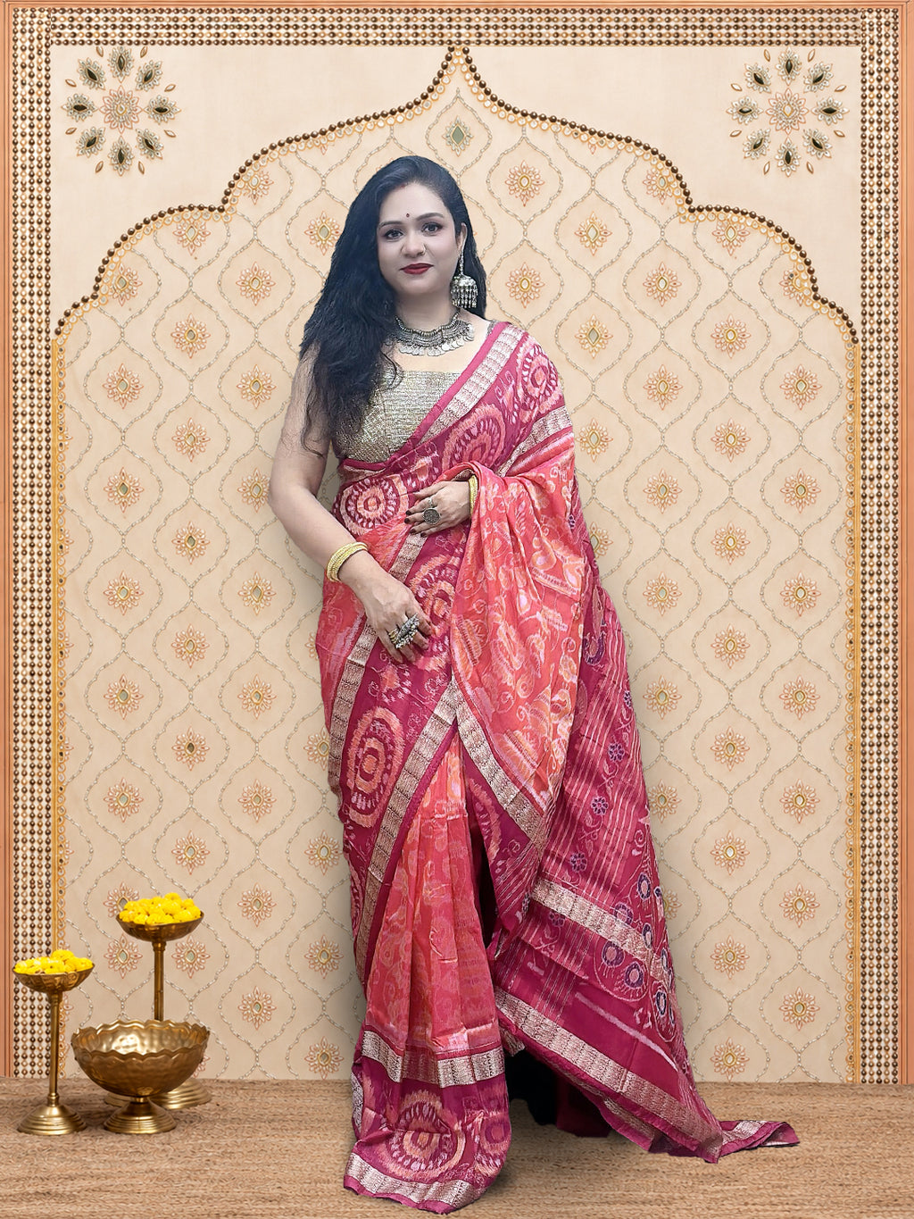 Peach Pink Double Border Sambalpuri Saree