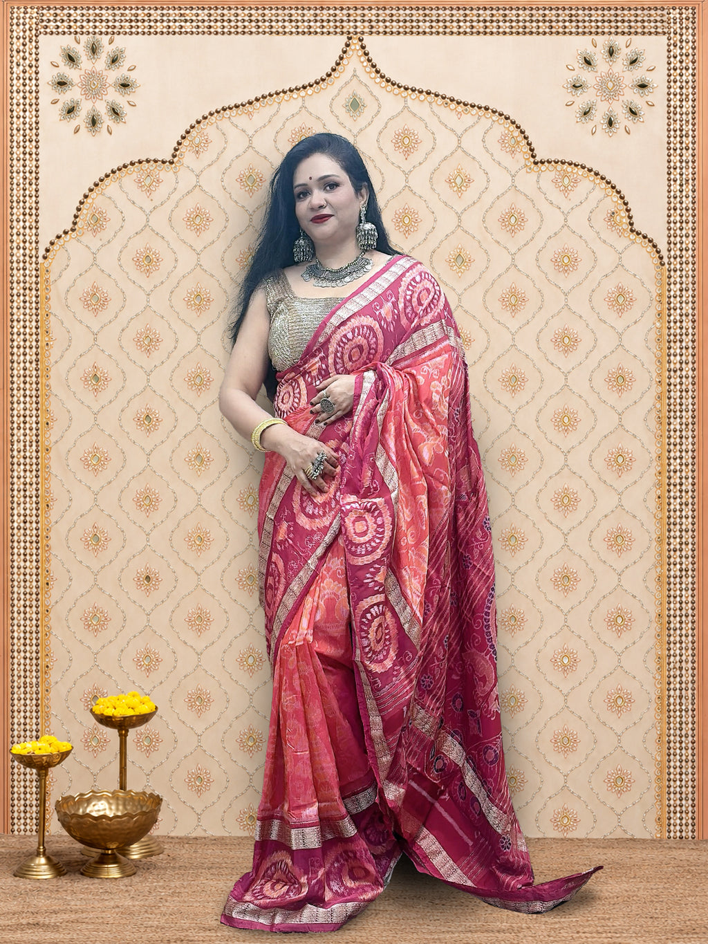 Peach Pink Double Border Sambalpuri Saree