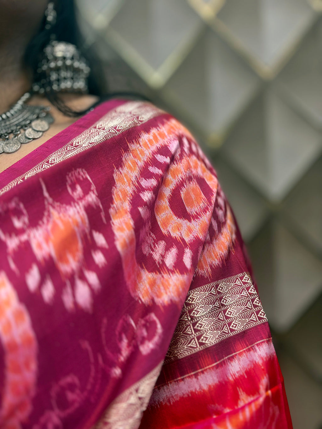 Peach Pink Double Border Sambalpuri Saree