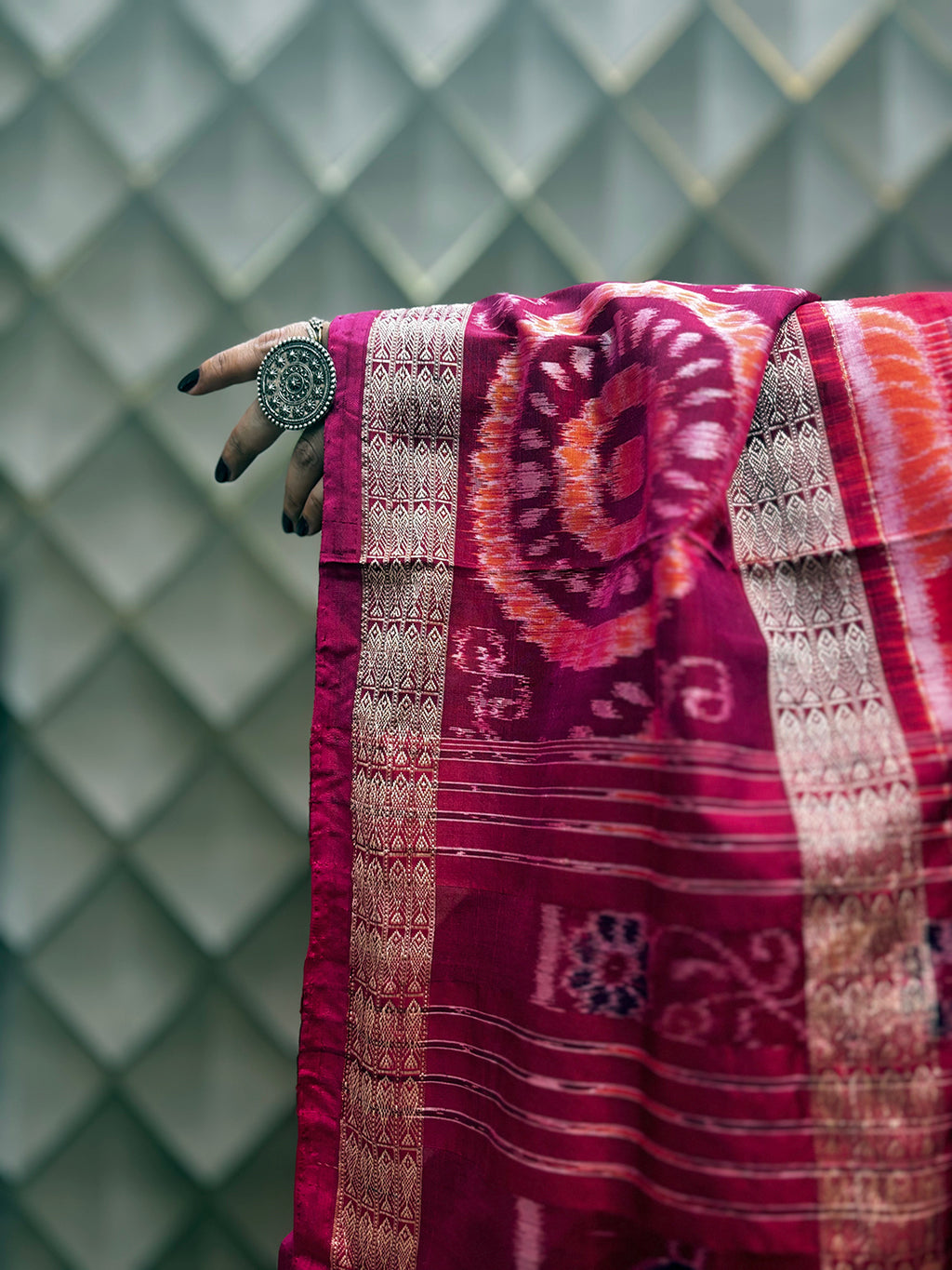 Peach Pink Double Border Sambalpuri Saree