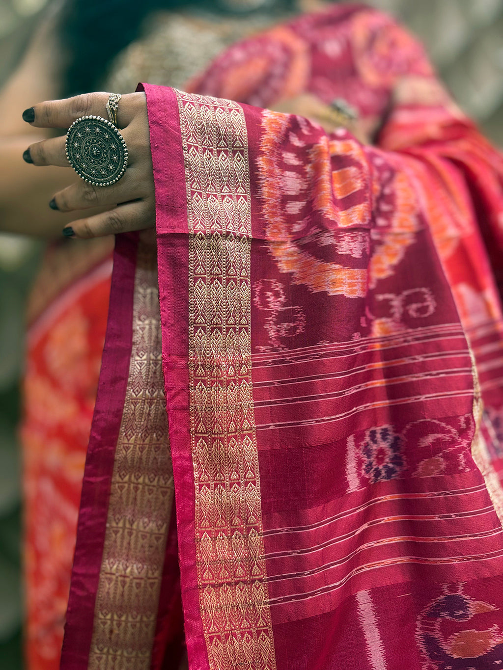 Peach Pink Double Border Sambalpuri Saree