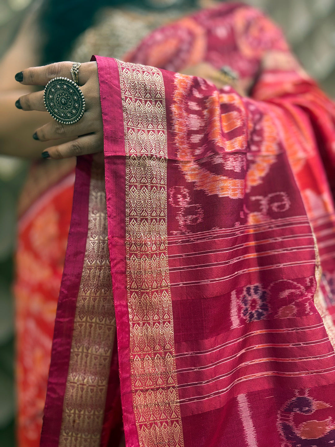Peach Pink Double Border Sambalpuri Saree
