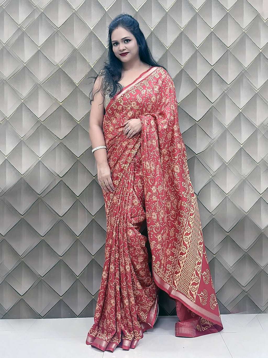 Red Crepe Silk Saree with White Floral Geometric Print & Golden Border
