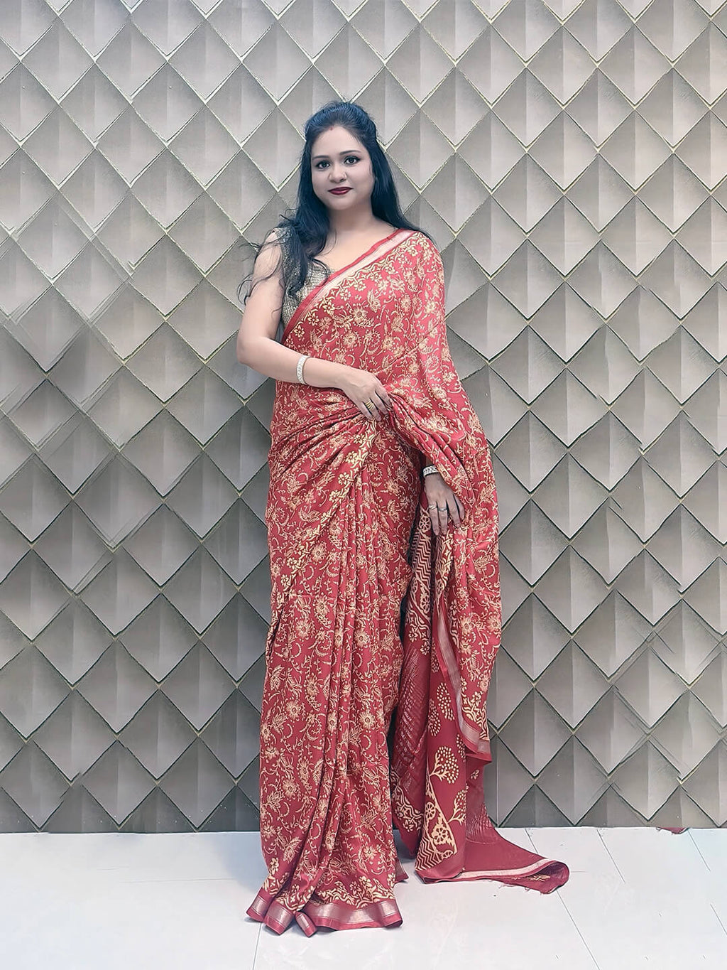 Red Crepe Silk Saree with White Floral Geometric Print & Golden Border