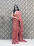 Red Crepe Silk Saree with White Floral Geometric Print & Golden Border