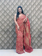 Red Crepe Silk Saree with White Floral Geometric Print & Golden Border