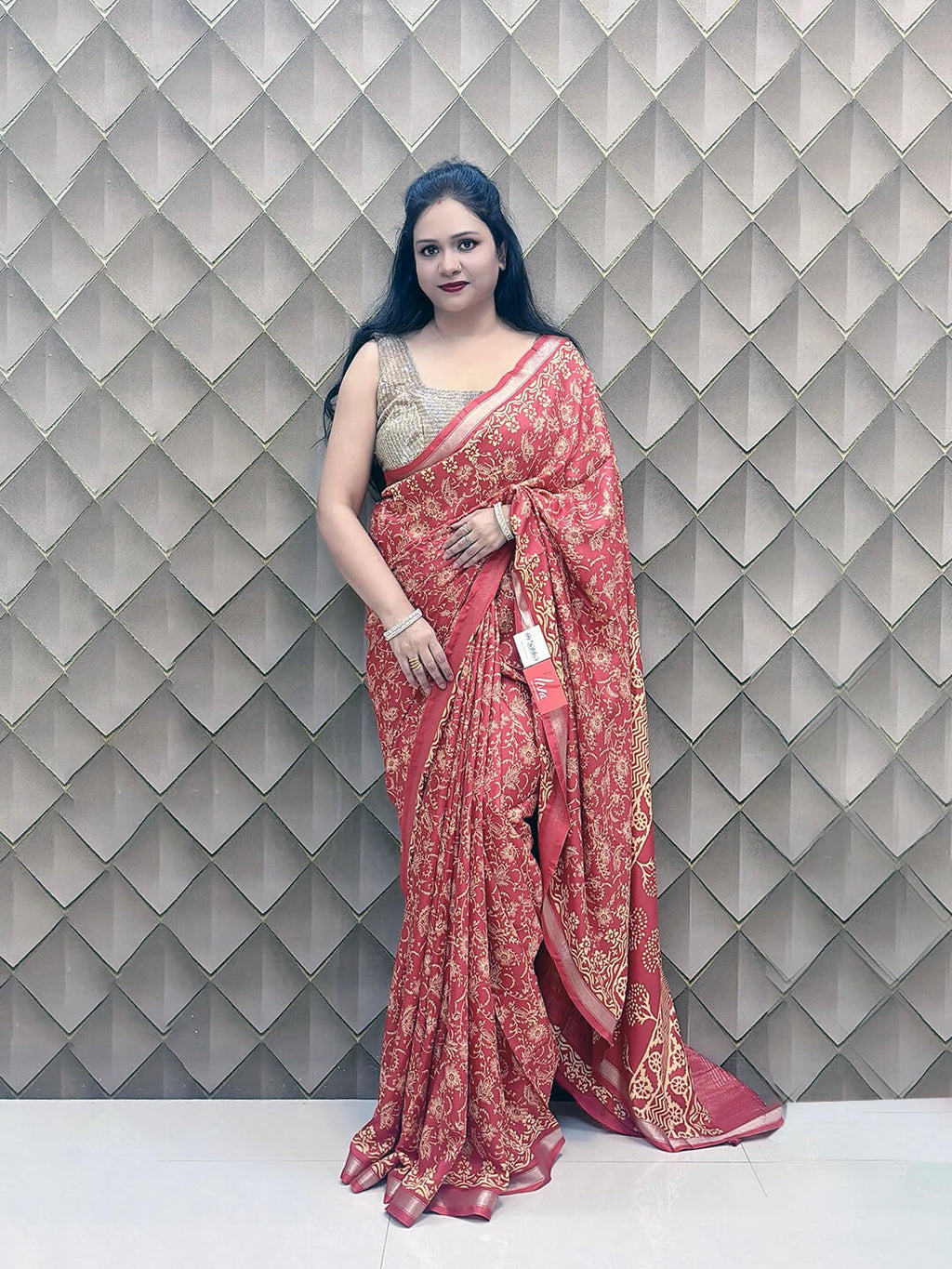 Red Crepe Silk Saree with White Floral Geometric Print & Golden Border