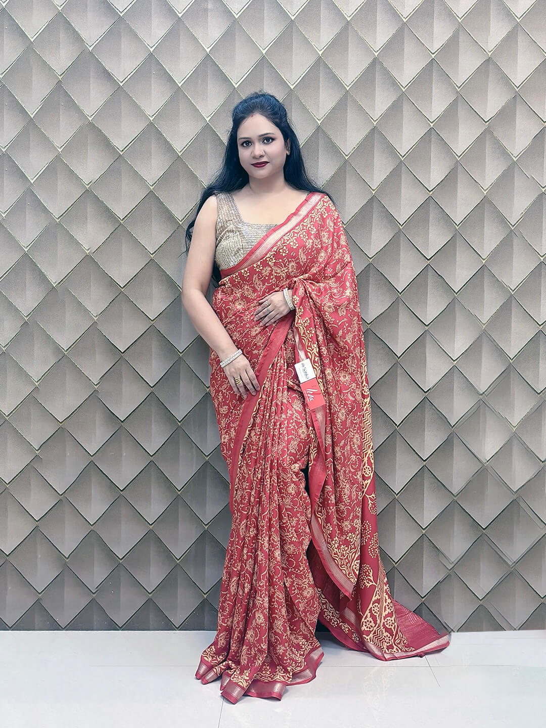 Red Crepe Silk Saree with White Floral Geometric Print & Golden Border