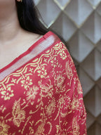 Red Crepe Silk Saree with White Floral Geometric Print & Golden Border