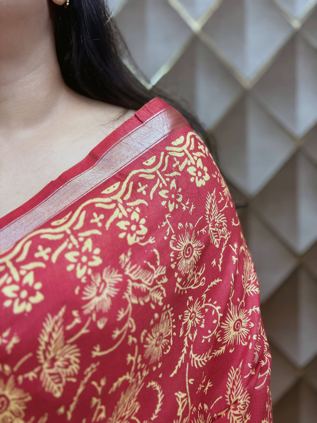 Red Crepe Silk Saree with White Floral Geometric Print & Golden Border