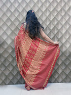 Red Crepe Silk Saree with White Floral Geometric Print & Golden Border