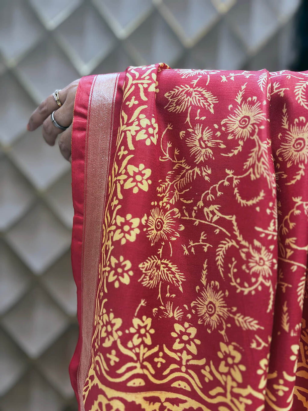 Red Crepe Silk Saree with White Floral Geometric Print & Golden Border