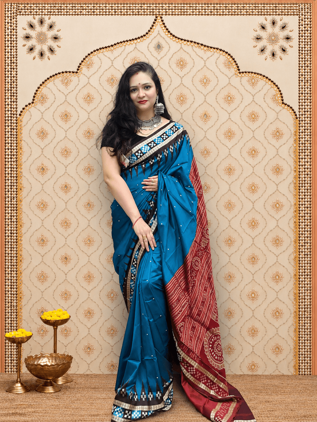 Royal Blue and Brown Patta Sambalpuri Saree
