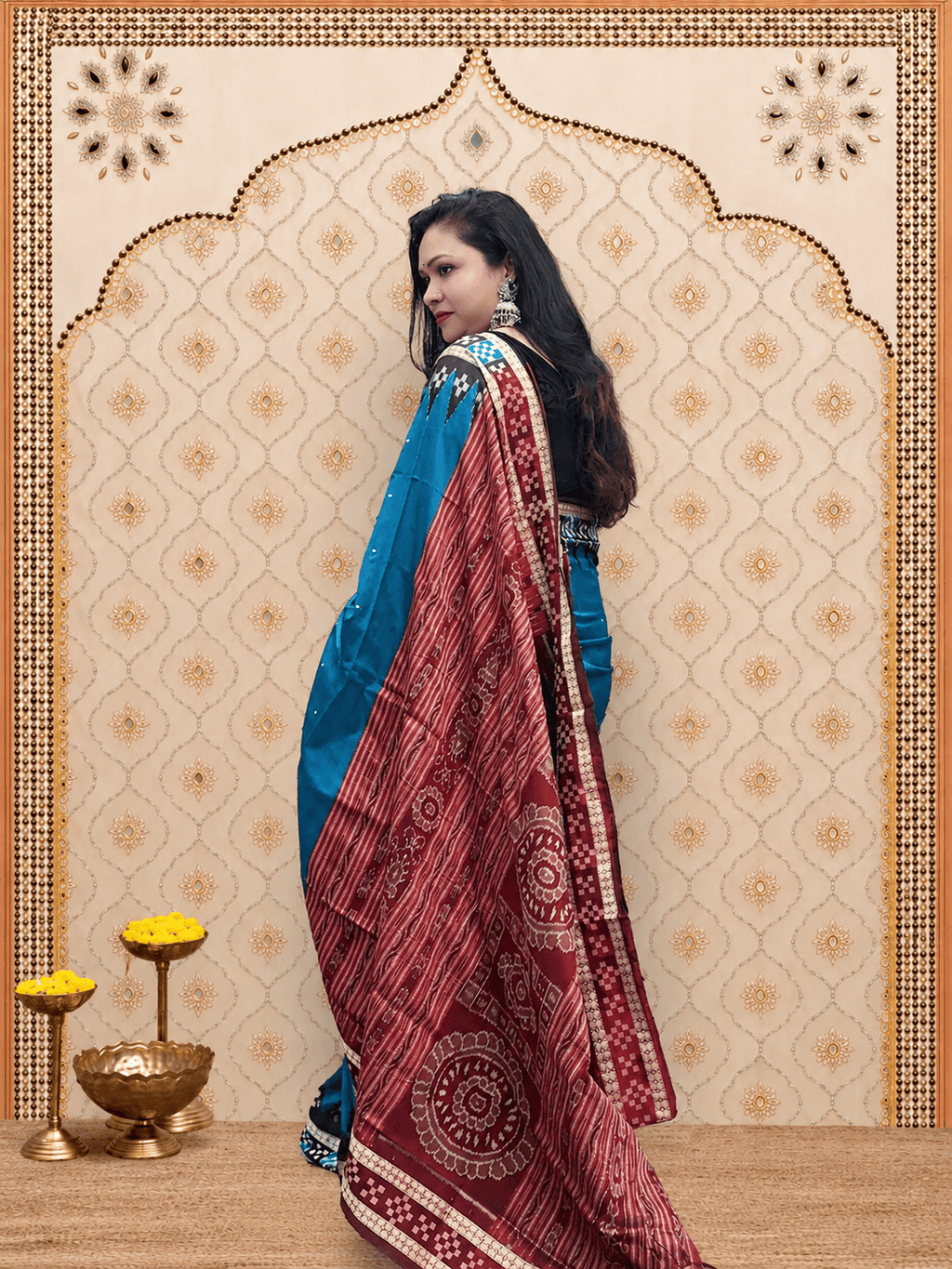 Royal Blue and Brown Patta Sambalpuri Saree