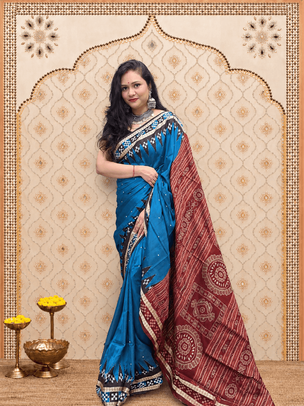 Royal Blue and Brown Patta Sambalpuri Saree