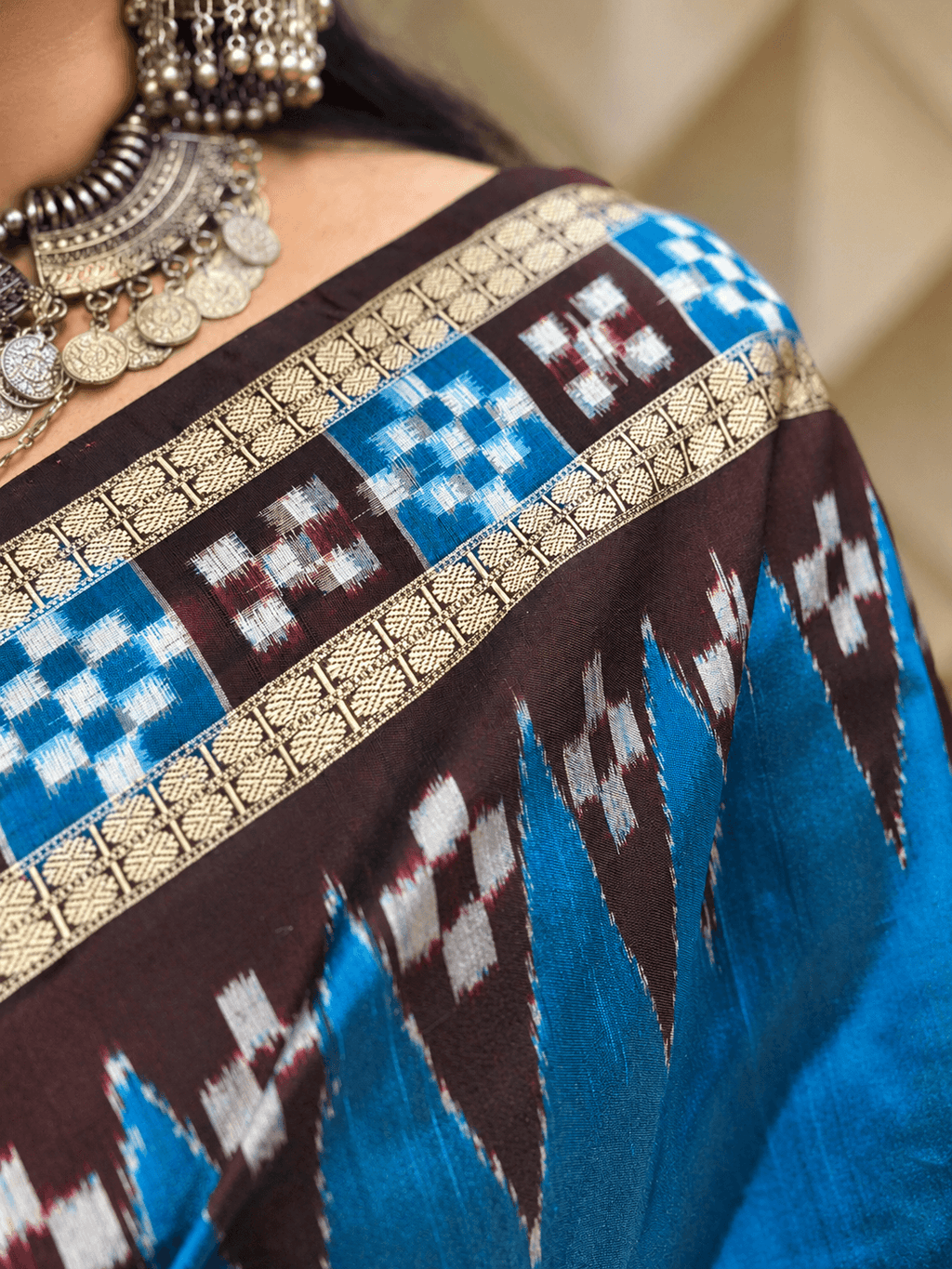 Royal Blue and Brown Patta Sambalpuri Saree