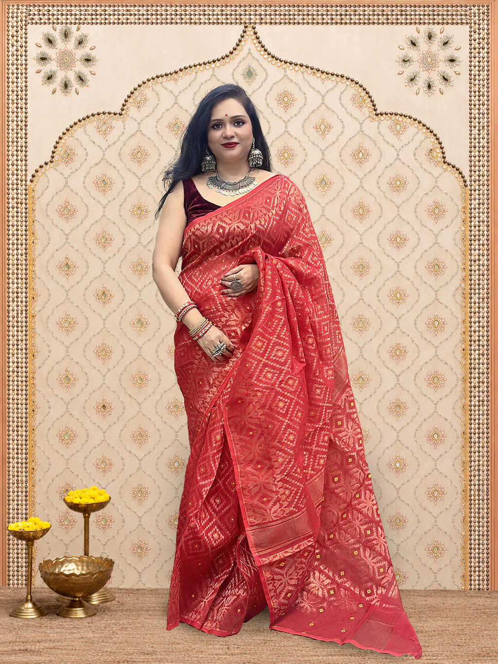 Rupshri Red cotton jamdani saree with golden & yellow woven design