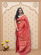 Rupshri Red cotton jamdani saree with golden & yellow woven design