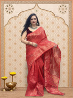 Rupshri Red cotton jamdani saree with golden & yellow woven design