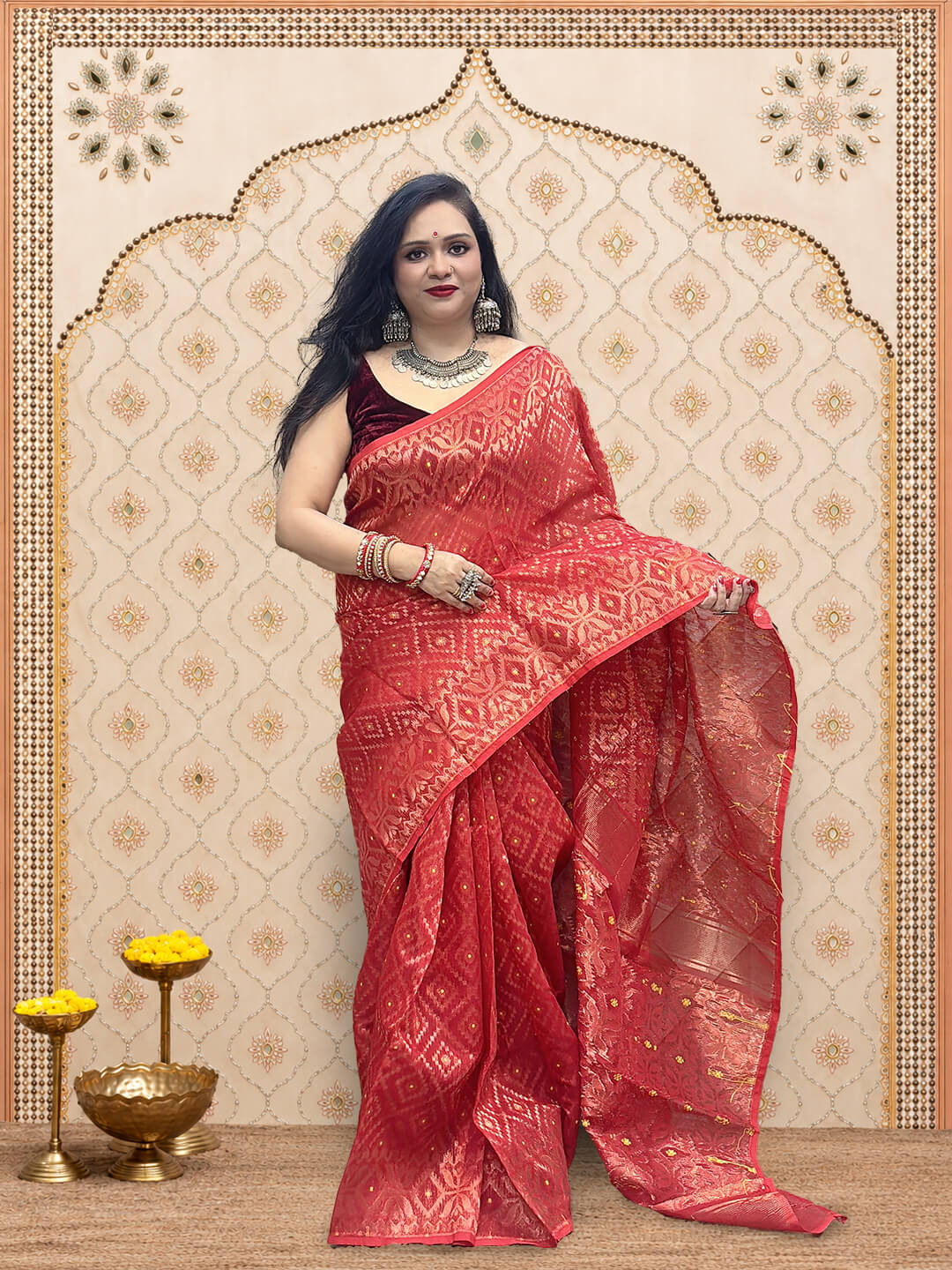 Rupshri Red cotton jamdani saree with golden & yellow woven design
