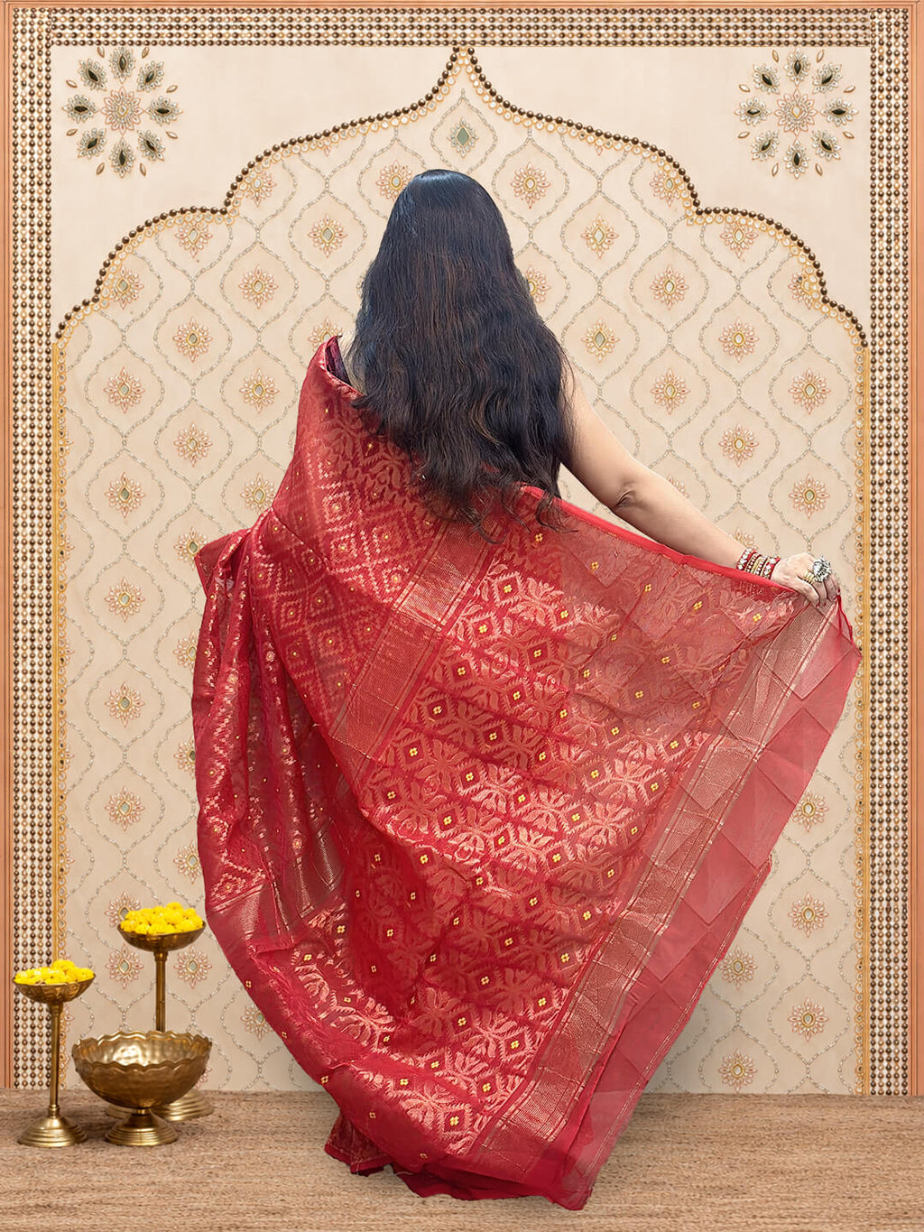 Rupshri Red cotton jamdani saree with golden & yellow woven design