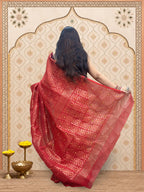 Rupshri Red cotton jamdani saree with golden & yellow woven design