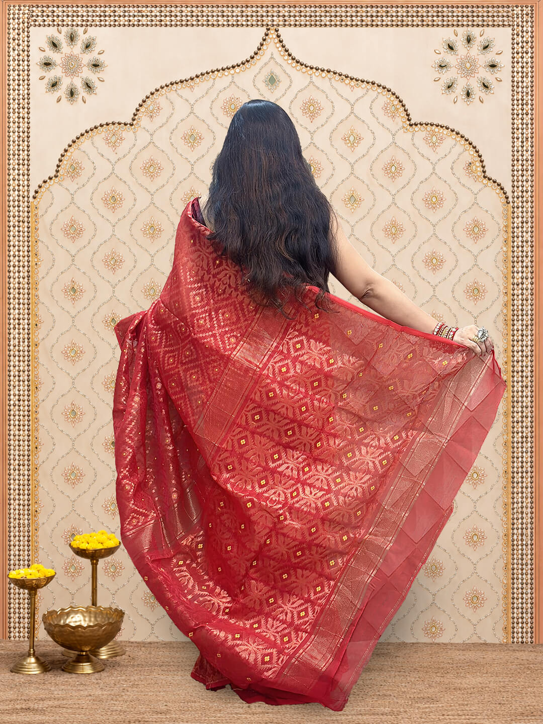 Rupshri Red cotton jamdani saree with golden & yellow woven design