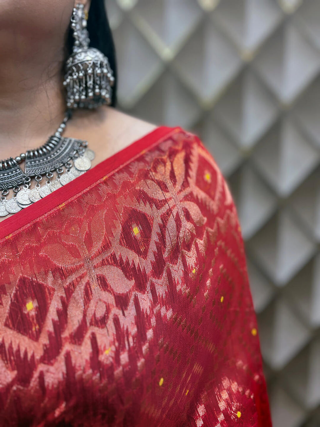 Rupshri Red cotton jamdani saree with golden & yellow woven design