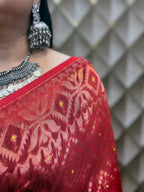 Rupshri Red cotton jamdani saree with golden & yellow woven design