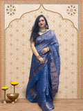 Rupshri Blue Cotton Jamdani Saree with Silver & Pink Woven Designs