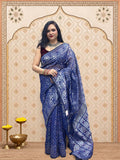 Rupshri Dark Blue Cotton Jamdani Saree with Silver & Pink Woven Designs