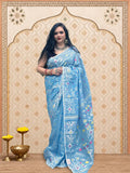 Rupshri Light Blue Jamdani Saree with Silver & Multicolour Woven Design