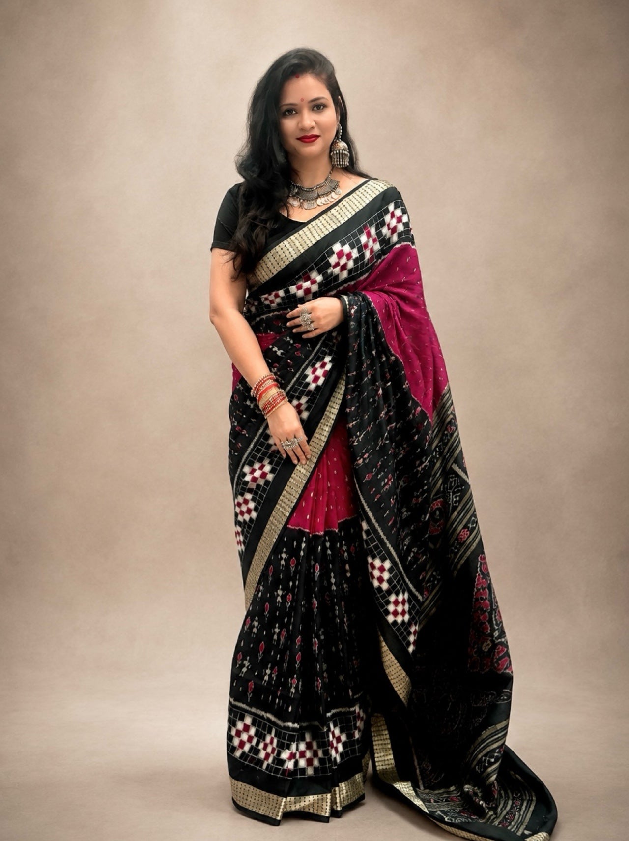 SHYAMANGI-Magenta Pink And Black Pasapali Silk Saree