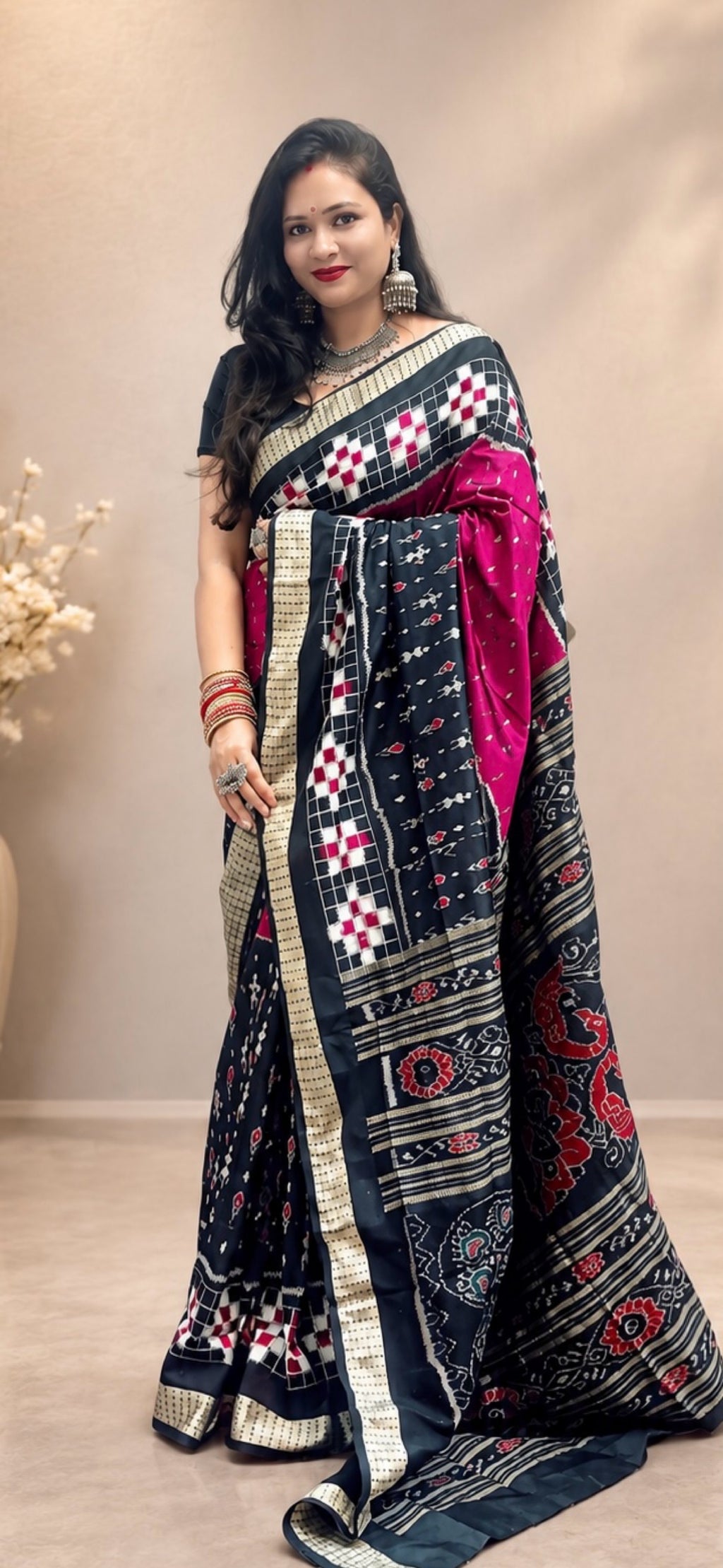 SHYAMANGI-Magenta Pink And Black Pasapali Silk Saree