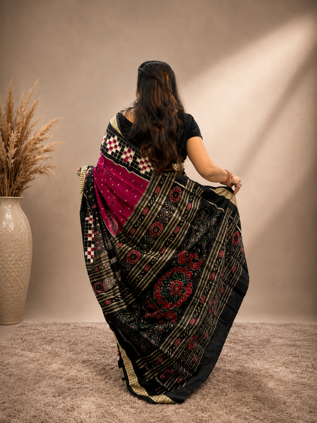 SHYAMANGI-Magenta Pink And Black Pasapali Silk Saree