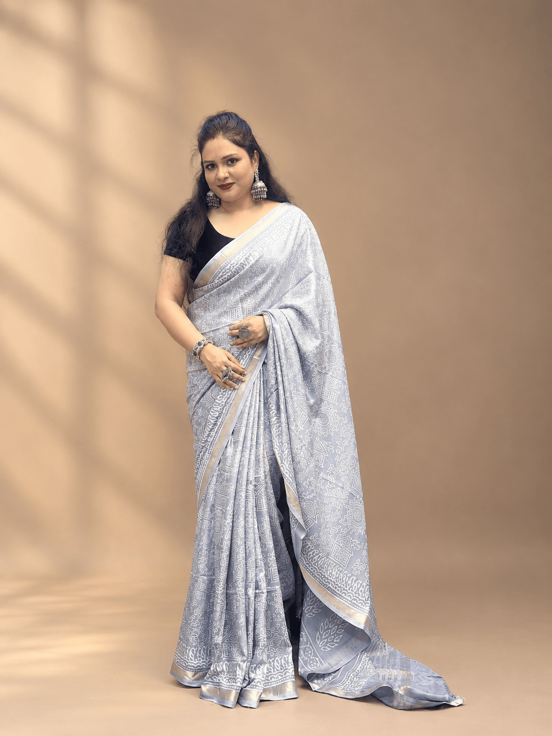 Silver Grey Crepe Silk Saree with Floral & Geometric Motifs and Zari Border