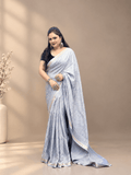 Silver Grey Crepe Silk Saree with Floral & Geometric Motifs and Zari Border