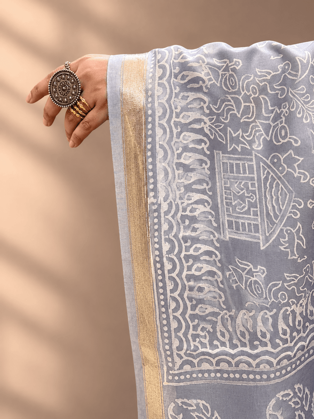 Silver Grey Crepe Silk Saree with Floral & Geometric Motifs and Zari Border