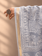 Silver Grey Crepe Silk Saree with Floral & Geometric Motifs and Zari Border