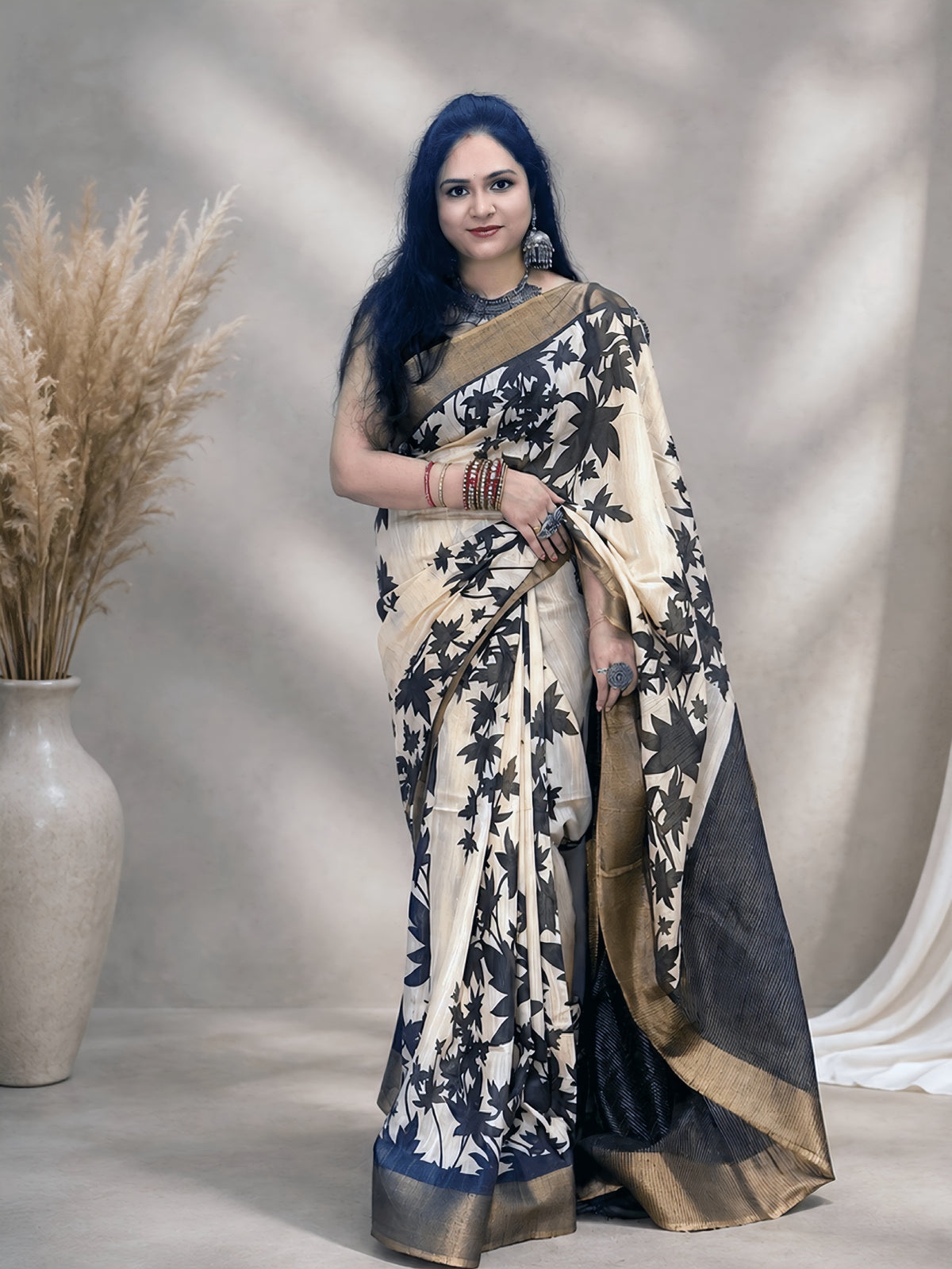 Kasturi Brown Tussar Ghicha Silk Cotton Saree with Brown Floral Motifs & Zari Border