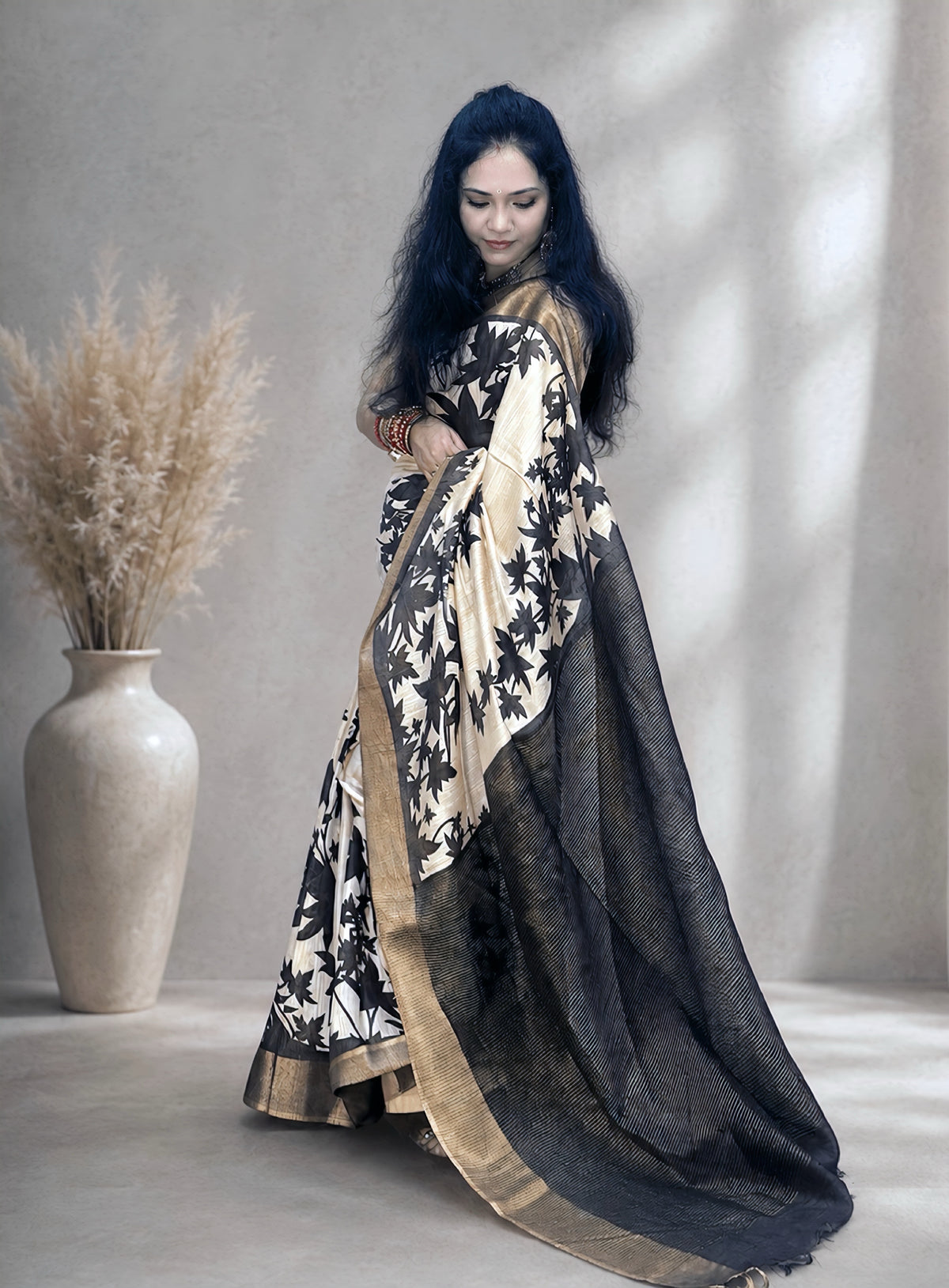 Kasturi Brown Tussar Ghicha Silk Cotton Saree with Brown Floral Motifs & Zari Border