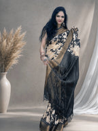 Kasturi Brown Tussar Ghicha Silk Cotton Saree with Brown Floral Motifs & Zari Border