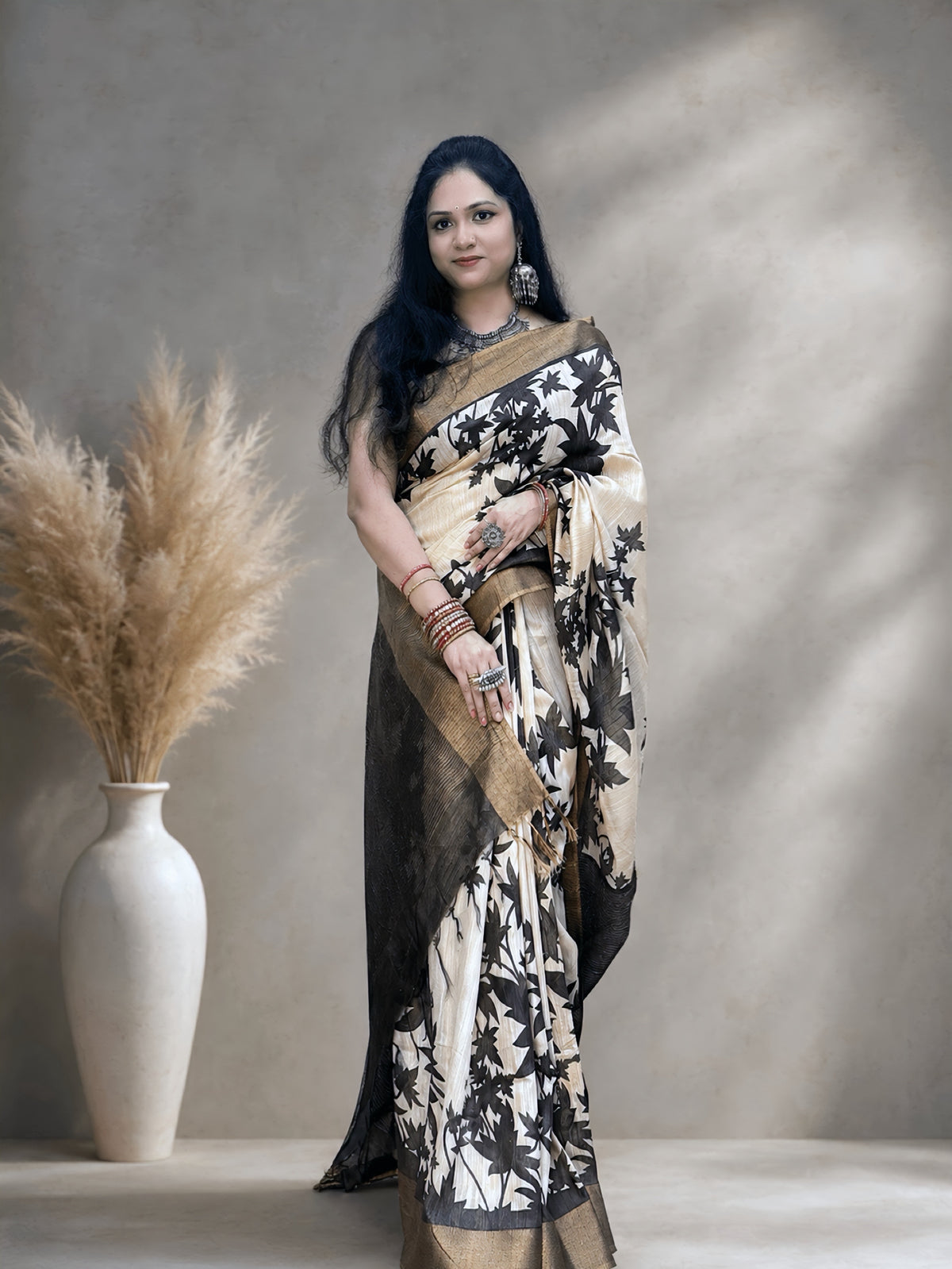 Kasturi Brown Tussar Ghicha Silk Cotton Saree with Brown Floral Motifs & Zari Border