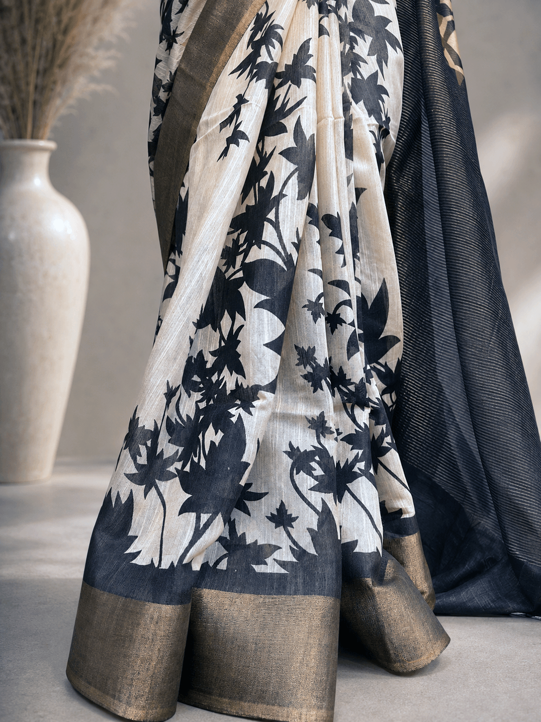 Kasturi Brown Tussar Ghicha Silk Cotton Saree with Brown Floral Motifs & Zari Border
