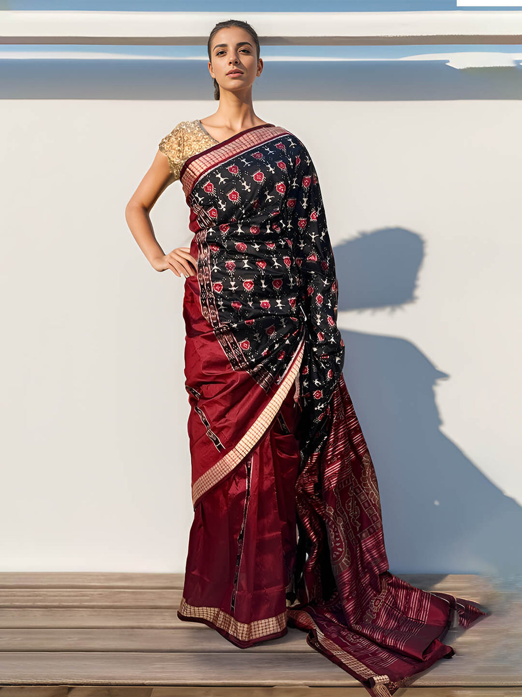 BLACK AND MAROON SAMBALPURI PATLI DESIGN SILK SAREE