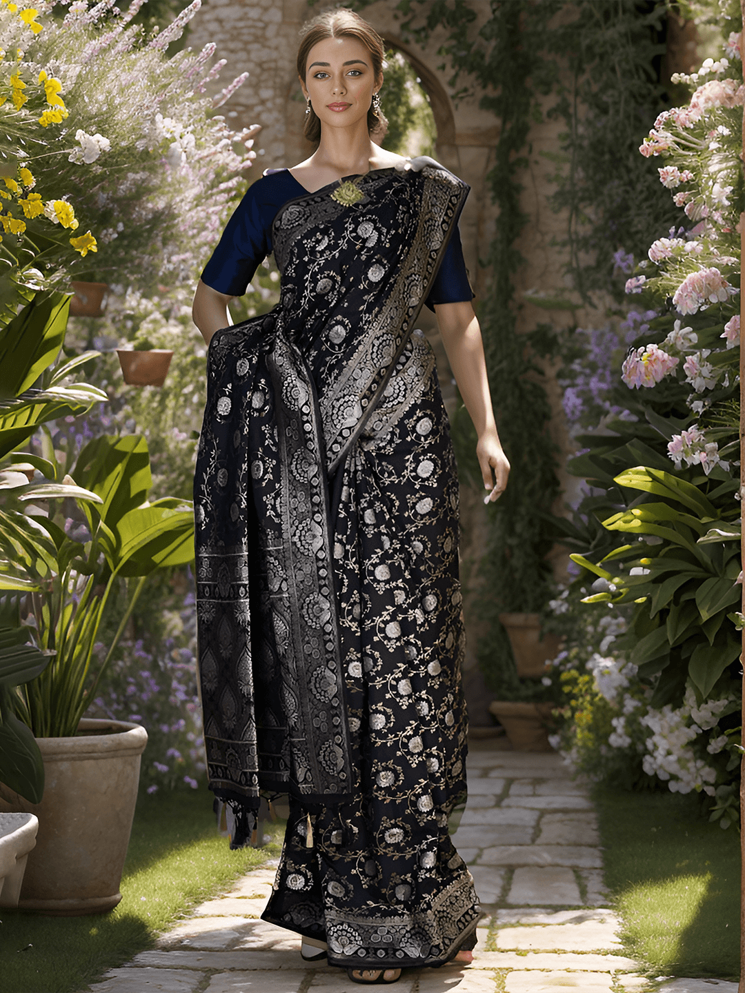 ONYX BLACK AND GOLD BANARSI SILK SAREE