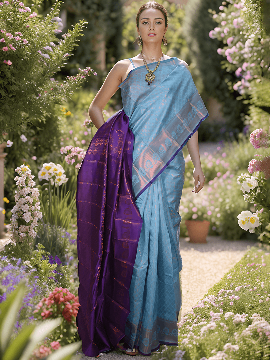LIGHT BLUE & PURPLE COTTON SAREE