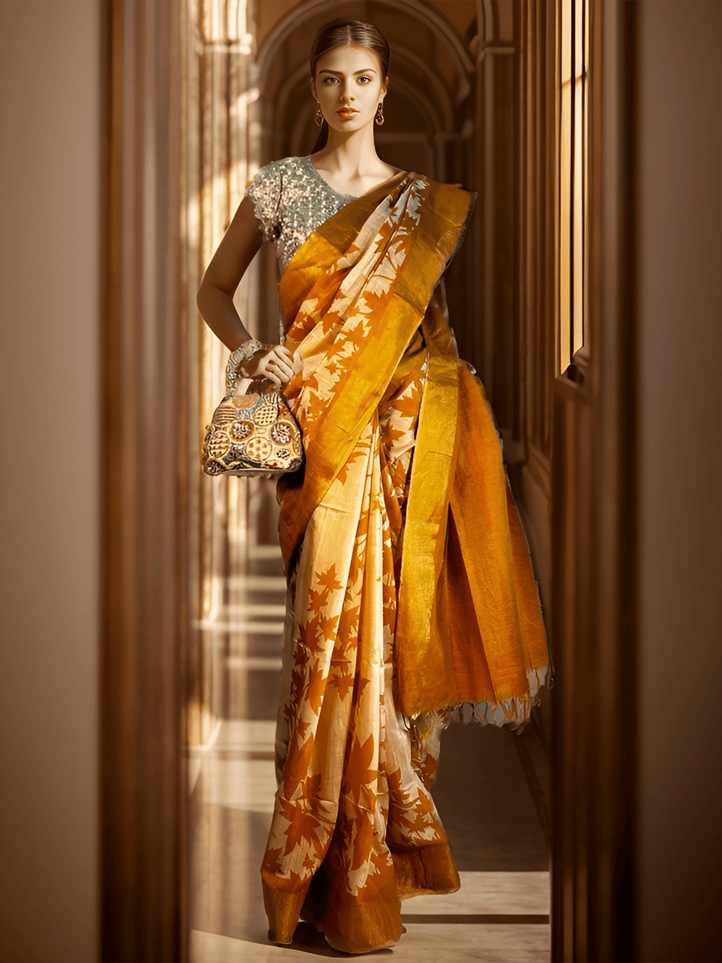 TASSAR GHICHA YELLOW PRINTED SAREE