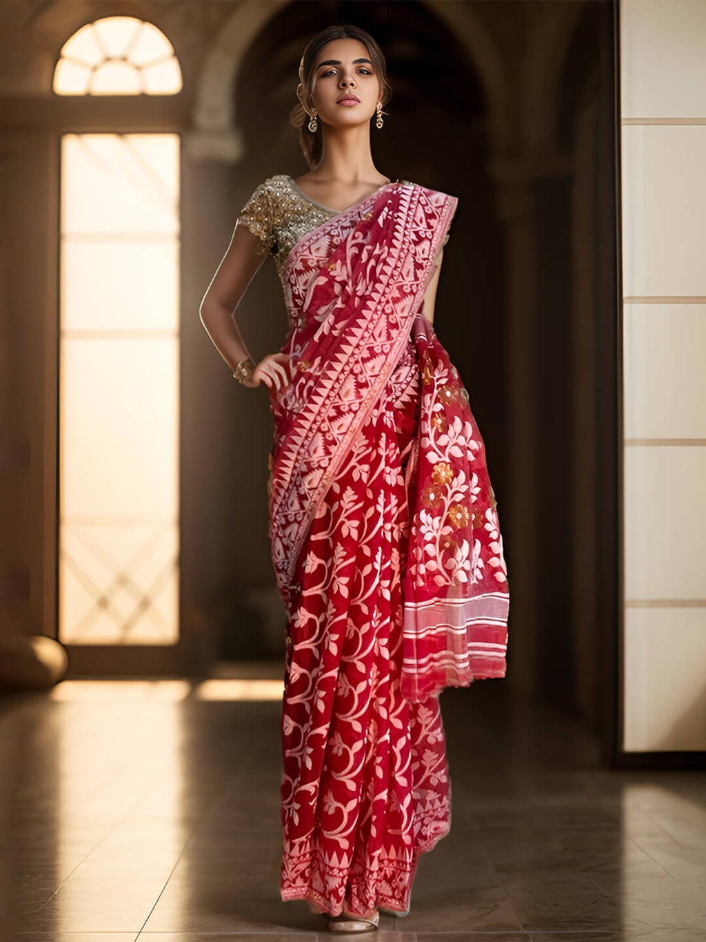 RUPSHRI BLUSH PINK COTTON JAMDANI SAREE